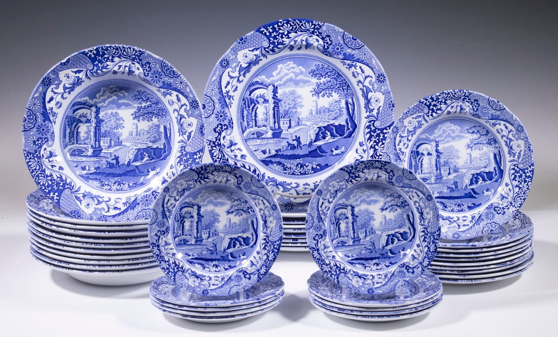 SPODE "BLUE ITALIAN" CHINA: (40) Pieces of English Blue & White China, incl: (9) Dinner plates, 10 1/2" diam.; (11) Bowls, 9" diam.; (10) Bread & butter plates, 6 1/4" diam.; and (10) Salad plates, 7 1/2" diam. Good condition.