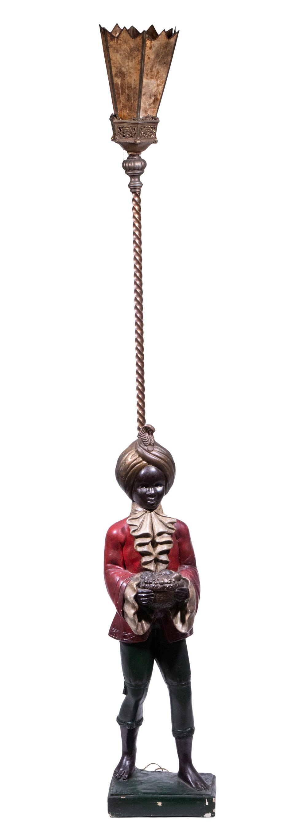 BLACKAMOOR TORCHIERE LAMP: Vintage Figural Floor Lamp, depicting a painted plaster standing figure in a livery uniform, with gilded metal lamp pole extending above, with paneled mica shade, single socket fixture with chain pull