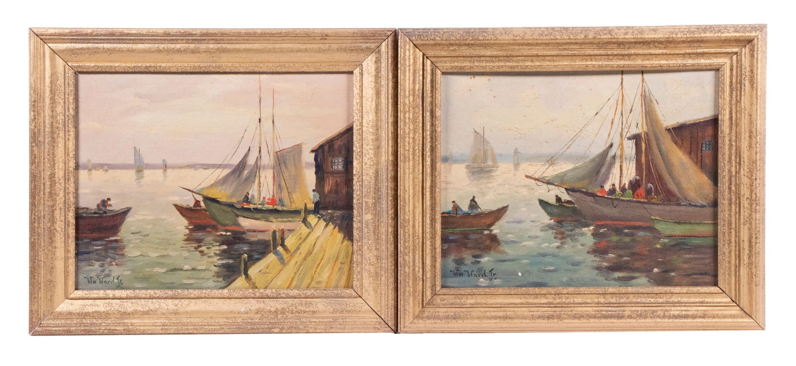 WILLIAM WARD, JR. (ME/NY/MA, 1911-2001): Pair of Harbor Scenes with sailing trawlers, oil on canvasboard, both signed lower oleft, in matching gold painted molded frames, OS: 10 1/2" x 12 1/2", SS: 7 1/2" x 9 1/2".