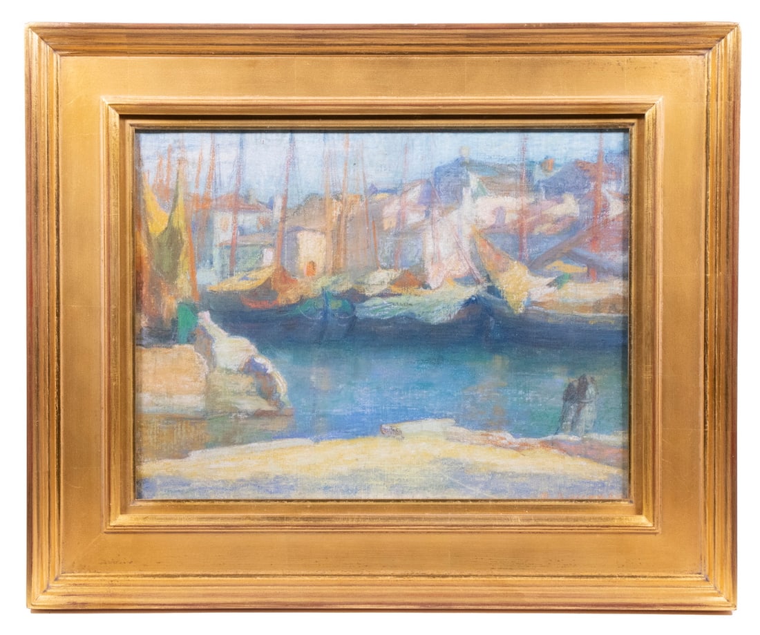 FRENCH POST-IMPRESSIONIST PASTEL: Harbor Scene, drawn on canvas, unsigned, in gold molded panel frame, under glass, OS: 18" x 21 1/2", SS: 10 1/2" x 15".