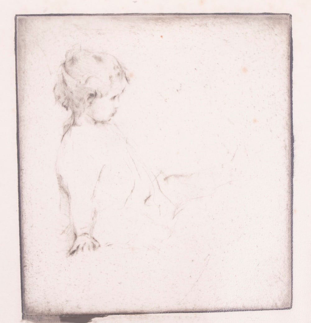 BINDER (30) SMALL ETCHINGS, VARIOUS ARTISTS: Many inscribed to J. Paul Verrees, including: Drypoint of a Small Child by Margery Ryerson (NY/NJ, 1886-1989); PLUS etching Christmas Card of Dooryard by Ernest Roth, 1917 (NY, 1879-1964); PLUS etchin