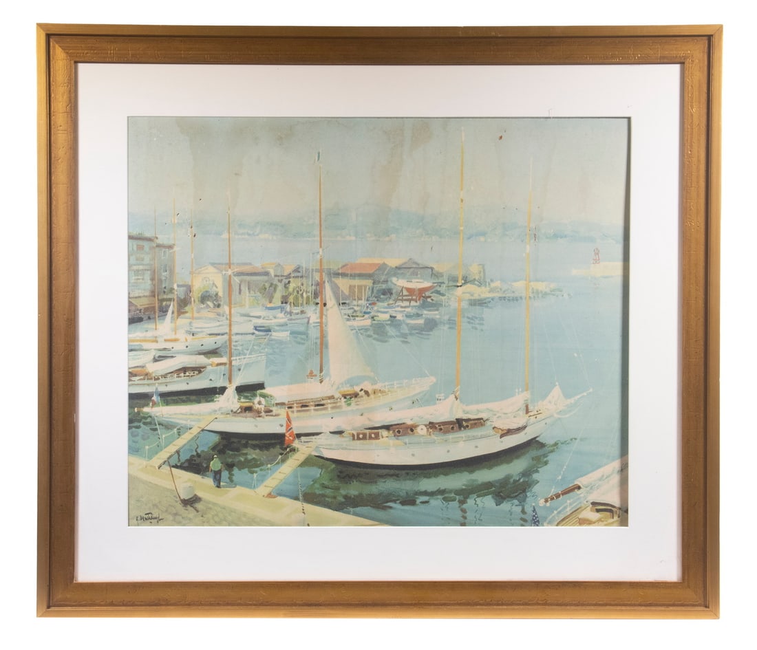 GABRIEL DESCHAMPS (FRANCE, 1919-2011): St. Tropez Yacht Basin, watercolor on paper, signed lower left, in gold panel frame, matted under glass, OS: 28 1/2" x 33", SS: 20" x 24", lightly water stained.