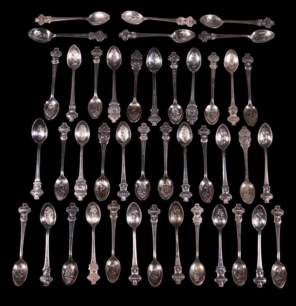 ROLEX BUCHERER COLLECTIBLE DEMITASSE SPOONS: Collection of (42) Rolex Advertising Spoons, most silver-plate, produced in partnership with Bucherer Fine Jewelers of Lucerne, each was given away with the purchase of a Rolex watch, (31) marked for