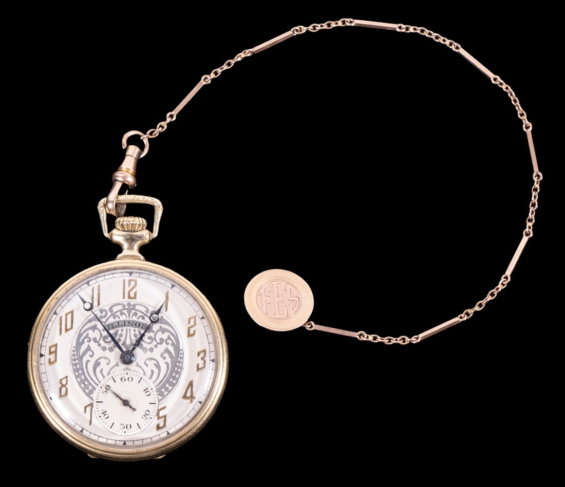 ILLINOIS TIME KING GRADE 406 POCKET WATCH: Gent's Open Face 12-Size Gold Filled Watch, by Illinois Watch Co., 19-jewels, adjusted 3 positions, sn 3719930, S.W.C. Co. case # 4796997, with gold filled chain, 1 5/8" diam. face. Running.