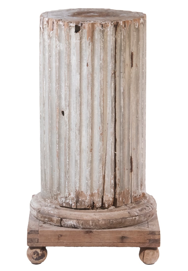 PAINTED ARCHITECTURAL COLUMN AS PLINTH WITH CONCEALED STORAGE: 18th c. pine, lower portion of a large Doric column, fluted, in remnants of white paint, with hinged and (once) lockable door on back concealing a hiding place, now in pieces and with dry rot losses. 