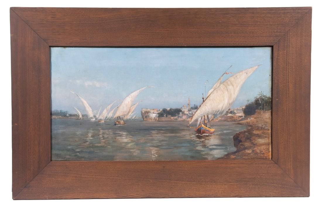 EXOTIC RIVER SCENE: Feluccas on the Nile, passing a town, oil on canvas, unsigned, circa 1890, in flat walnut stained oak frame, OS: 20" x 32", SS: 12" x 24", scuffs lower center.