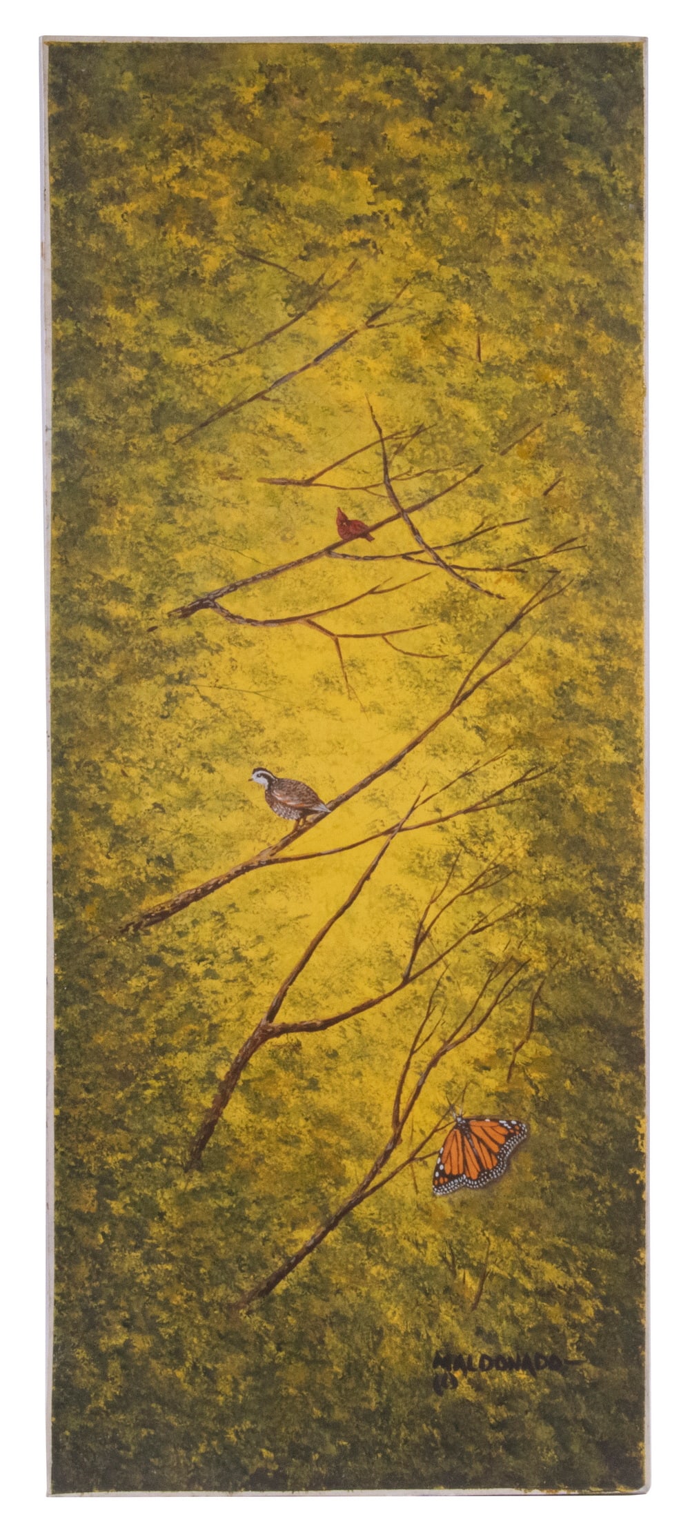 DANIEL MALDONADO (TX, 1940-2019): "Quiet Place", watercolor on board, signed lower right, titled on tag affixed verso, a depiction of a Cardinal, Quail, and Monarch butterfly perched on branches, unframed, OS: 23 3/4" x 9 3/4". Good c