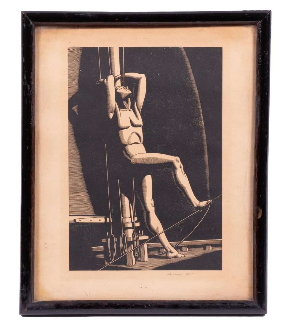 ROCKWELL KENT (NY, 1882-1971): "Night Watch", 1929 (Burne-Jones 34), wood engraving on thin paper, signed in pencil, in black stick frame, under glass, OS: 10 1/2" x 8 3/4", image size: 8" x 5 1/4", toned, nick to top edge of sheet