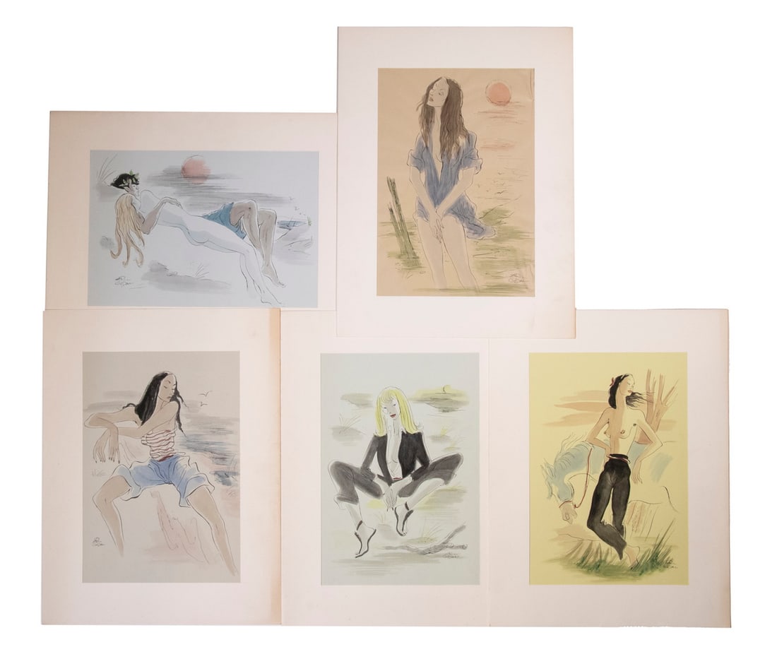 ERICH GODAL (GERMANY, 1899-1969): (5) Ink and Watercolor Drawings of People on a Beach, some semi-nude, on 11 1/4" x 7 1/2" papers of various pastel tints, ca. 1950, all signed, taped by corners into 15" x 20" paper mats, unframed, go