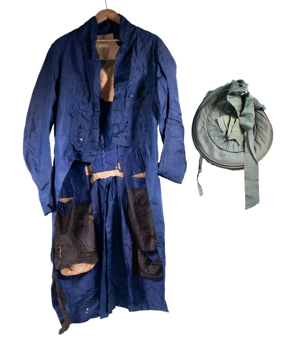 (2 PCS) VINTAGE NEW ENGLAND CLOTHING: Including: Blue Silk unlined Swallowtail Coat & Ladies wire framed Folding Sun Bonnet in aqua taffeta. Circa 1810-30, the jacket is probably a costume for Independence Day celebration. 16" shoulder, 2