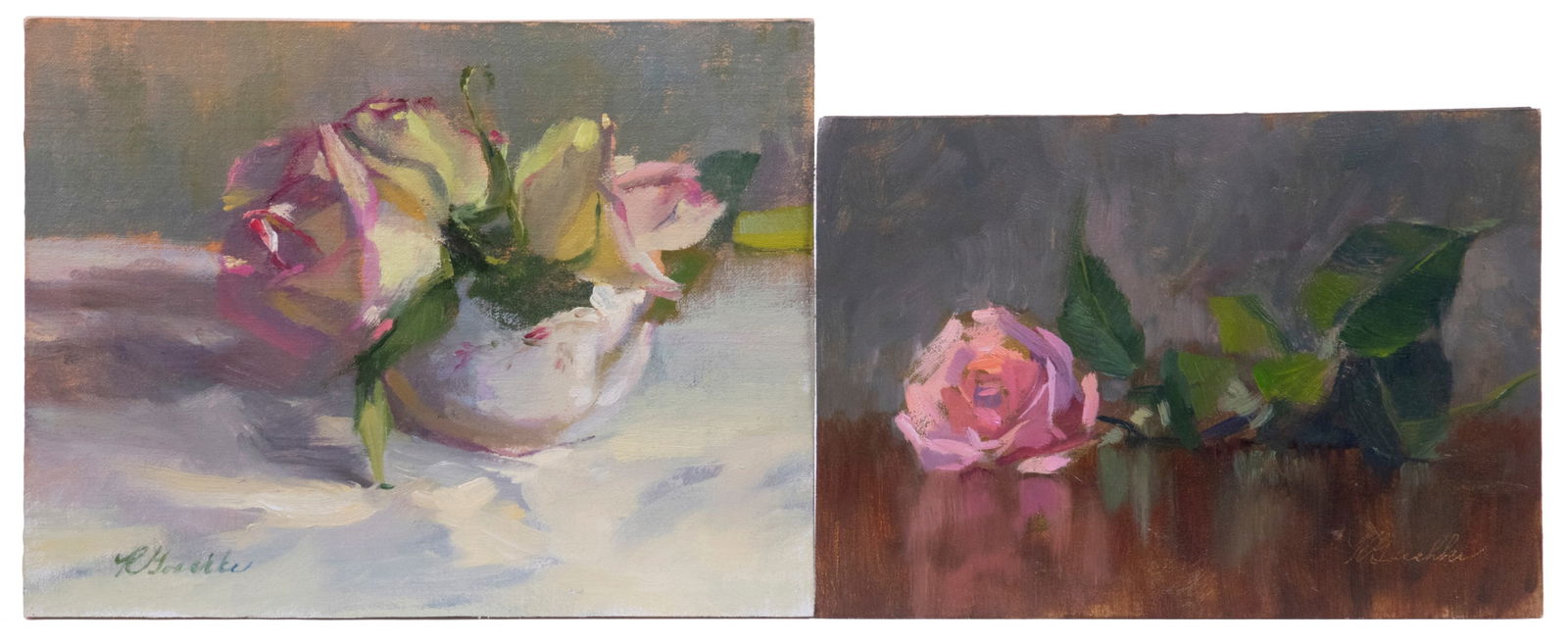 ROBERTA GOSCHKE (CONTEMPORARY MAINE): (2) Unframed Studies of Roses, the larger on birch ply; the smaller on black gatorboard, both signed, 6" x 8" & 5" x 7".