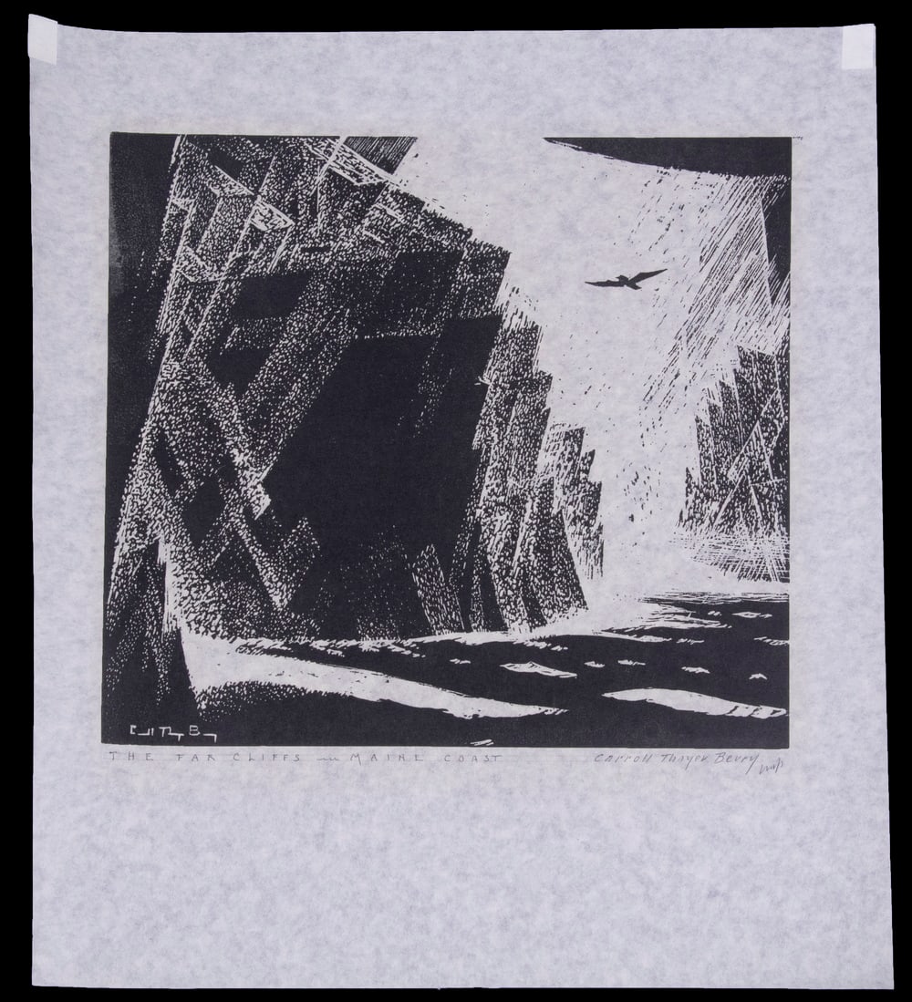 CARROLL THAYER BERRY (ME, 1886-1978): "The Far Cliffs, Maine Coast", woodblock print on paper, pencil framed and titled, unframed, loose, sheet size: 17" x 15", impression: 10 3/4" x 12".