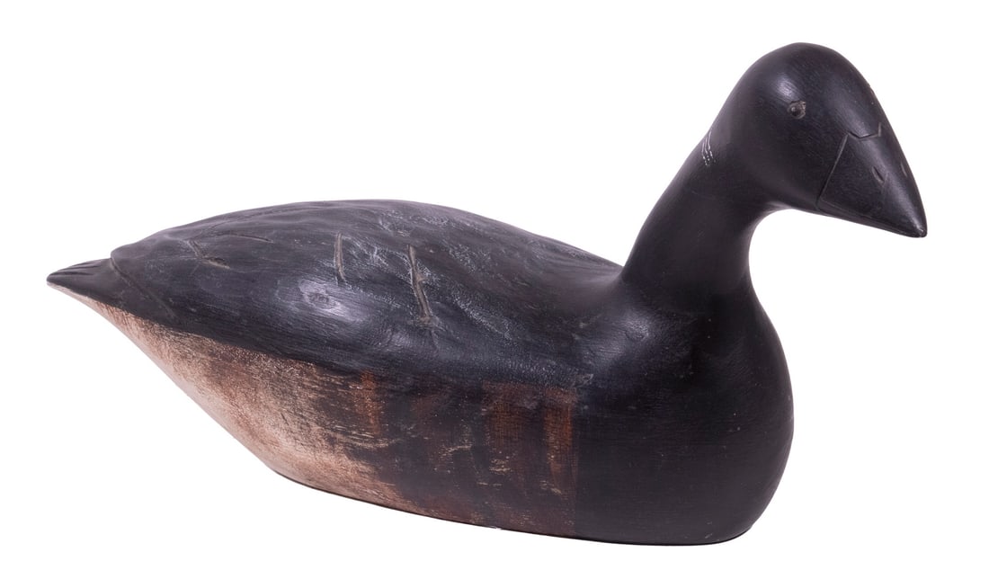 HANK HENRY WALKER (MA, 1919-1995) MALLARD DISPLAY DECOY: Newbury, MA, 1984 - 1986, carved and painted wood, alert posture with turned head, tack eyes, signed on recessed metal plate, 22" long. Shrinkage crack to base.