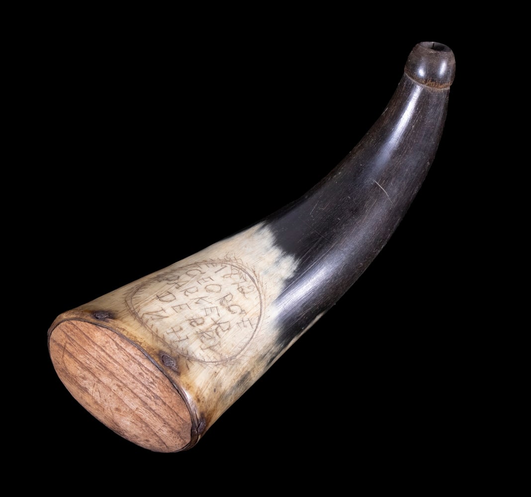 DATED 1872 HORN BIRDSHOT FLASK: Engraved "1872, George Parker, Derry, NH" with a small single bird on reverse, 7" long.