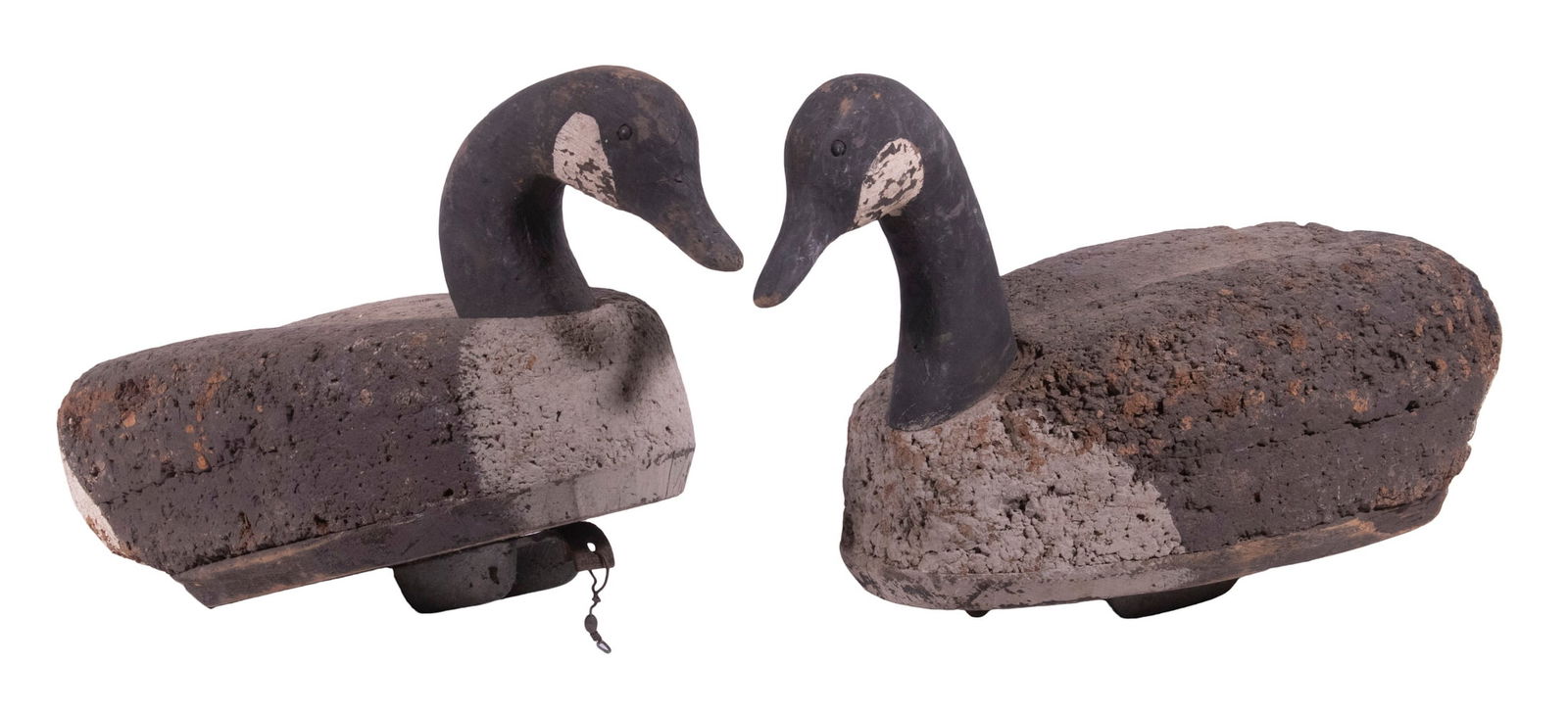 (2) 1950'S VINTAGE L.L. BEAN CANADA GEESE WORKING DECOYS: Painted cork and wood, 20" & 21" long. Worn.