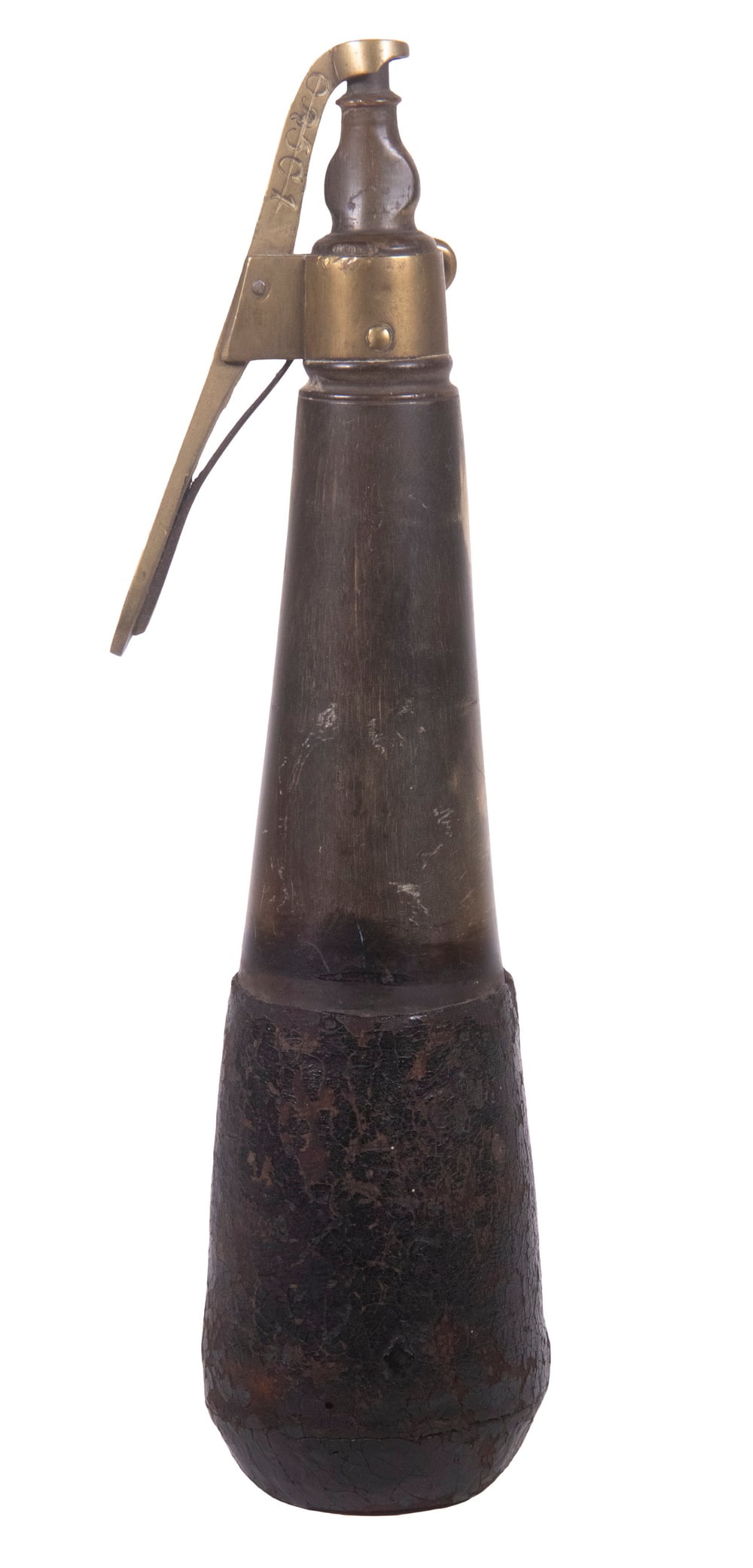 EARLY HORN & LEATHER SHOT FLASK: Unusual 19th c. Flask, crafted from a cow horn with a leather base, brass collar and spring loaded cap engraved "H.C. B. 76", "16B 4C 17", and "OR5C1", with brass hanging loop,10 1/2" long, 2 1/2" dia