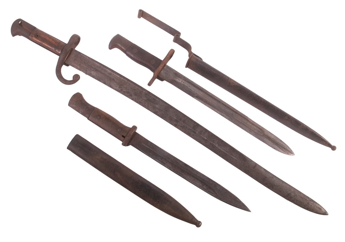 (3) 20th C. BAYONETS: A collection of three different bayonets of militaries from the past century. Includes a German K98 bayonet with scabbard, a French Chassepot bayonet, and an American M1892 bayonet with scabbard. All 