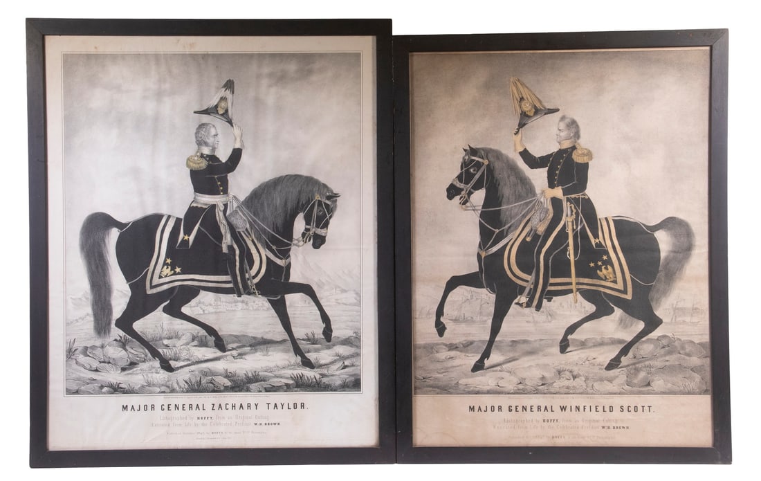 PAIR OF 1847 MEXICAN-AMERICAN WAR MILITARY COMMEMORATIVE PRINTS: Rare Equestrian Portraits of Major General Zachary Taylor & Major General Winfield Scott, lithographs by Alfred M. Hoffy (PA, 1790-1860) derived of original cuttings executed from life by the celebrat