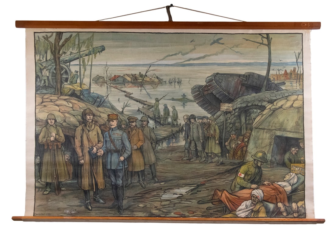 EDMOND VAN OFFEL (BELGIUM, 1871-1959): WWI French Schoolhouse Historical Broadside "Le Roi Albert voit les Horreurs de la Guerre a L"yser", linenbacked litho, mounted on roller and batten, 25 1/2" x 37" overall, fine condition.Depicts King