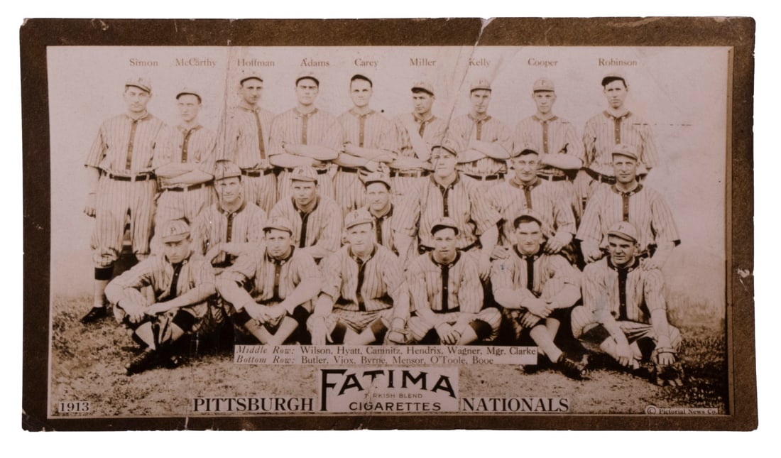 VERY RARE PRE-WWI BASEBALL CARD, FATIMA, PITTSBURGH NATIONALS: 1913 T200 Fatima Pittsburgh Nationals. Real Photo with printed back. Issued by the Liggett & Myers Tobacco Co. in 1913 with Fatima brand cigarettes, the T200 set consists of eight National and eight A