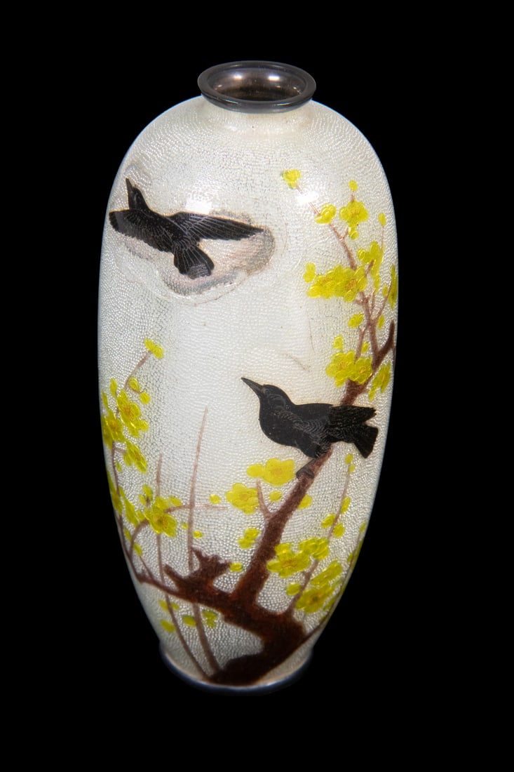 ARTISAN SIGNED JAPANESE GINBARI CLOISONNE VASE: Cased Meiji Period Diminutive Silver Mounted Vase, with enamel on silver foil surface, bird and flowering tree decoration, incised three character Japanese artist mark on base, 5" high; in original si