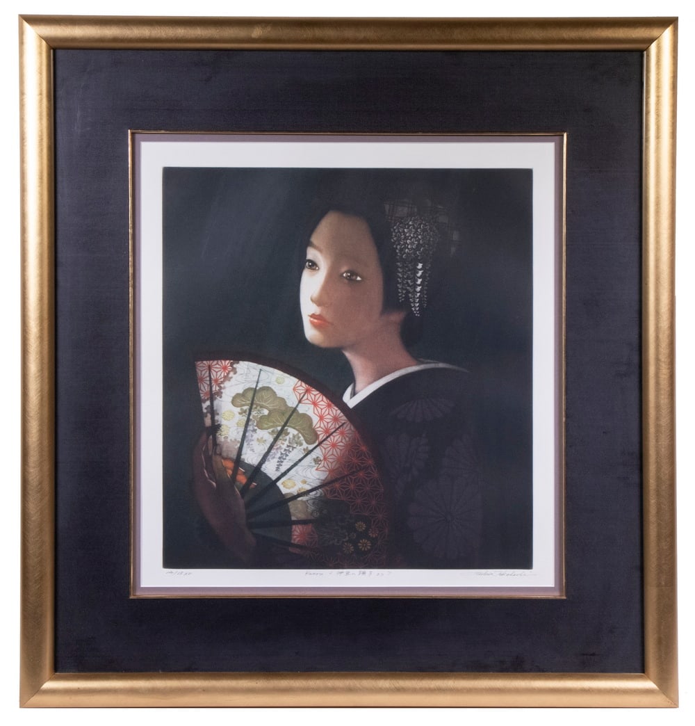 USHIO TAKAHASHI (JAPAN,1944- ): "Kaoru", shin hanga portrait of a Bijin with Fan, signed, titled in Japanese and English, marked as artist's proof 14/15. In gold leaf round edged frame, with dark brown silk mat and gilt liner, under