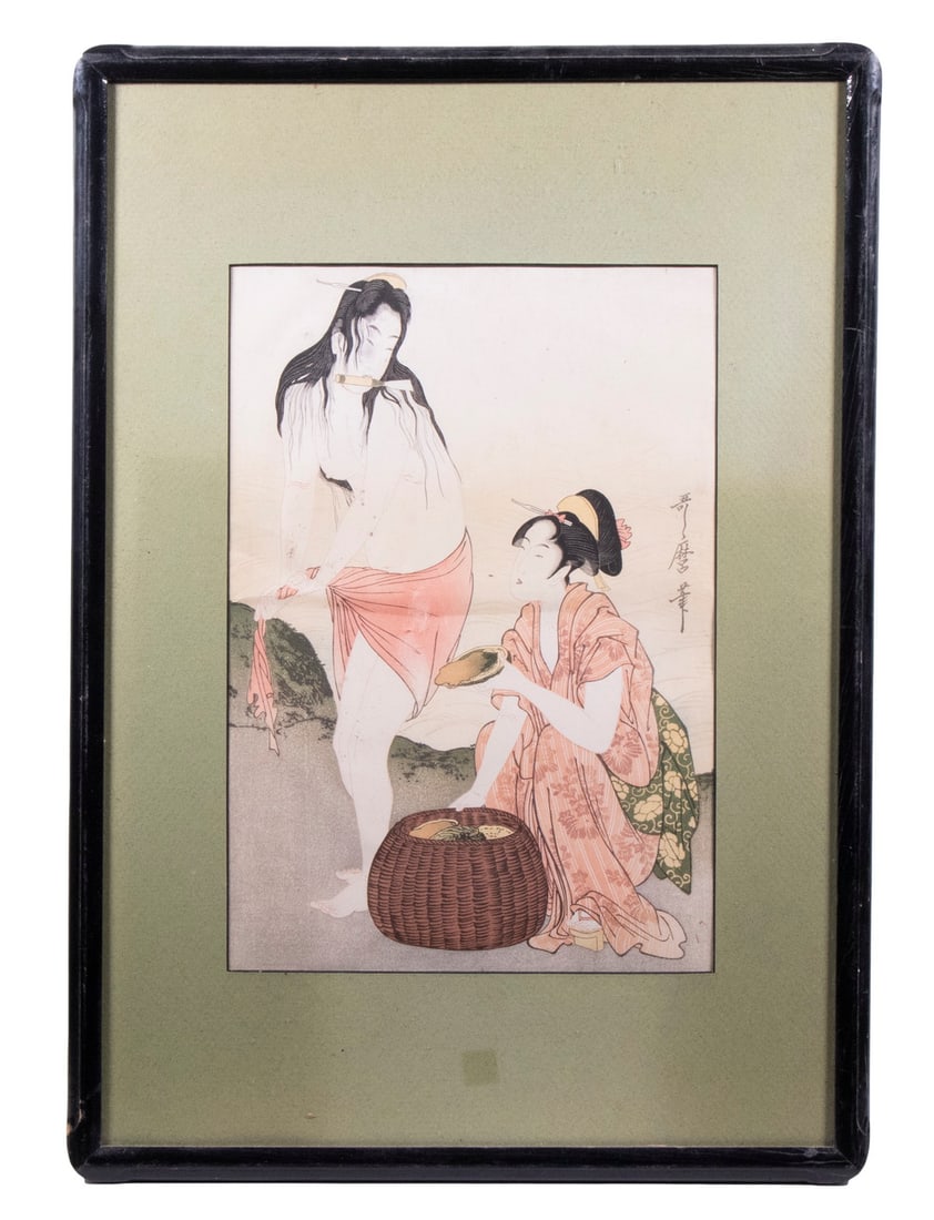 KITIGAWA UTAMARO (JAPAN, 1753-1806): "Abalone Divers", 1788, oban woodblock print, in black lacquered Japanese frame, pale green mat under glass, OS: 24" x 17", SS: 15" x 10 1/4". Right hand sheet of a triptych. horizontal bend at center