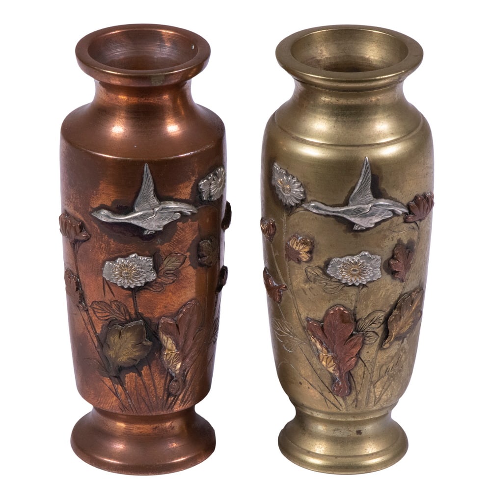 (2) JAPANESE MIXED METAL MINIATURE VASES: (2) Meiji Period Baluster Form Vases, in brass, copper and silver, with matching bird and flower decoration - one on copper and the other on brass, 4 1/4" high, 1 3/4" diam.