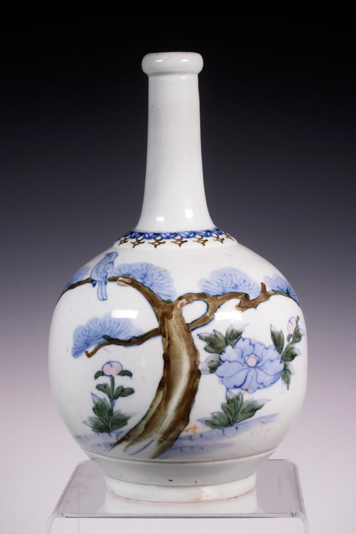JAPANESE PORCELAIN BOTTLE VASE: Meiji Period White Glazed Bulbous Bottle, early 20th c., with painted pine tree and bird decoration, rounded edge rim, 11" high, 6" diam.