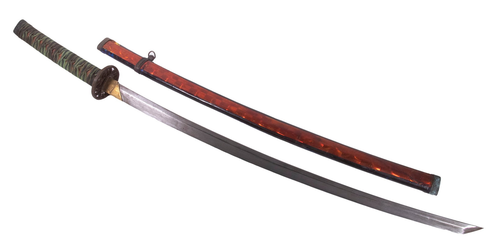 JAPANESE KATANA SWORD: Meiji Sword with naggresive damascene hada, later furnishings including mylar wrap over the flat end scabbard, WWII handle wrap over vintage bronze menuki and kashira, long brass habaki, cast iron tsu