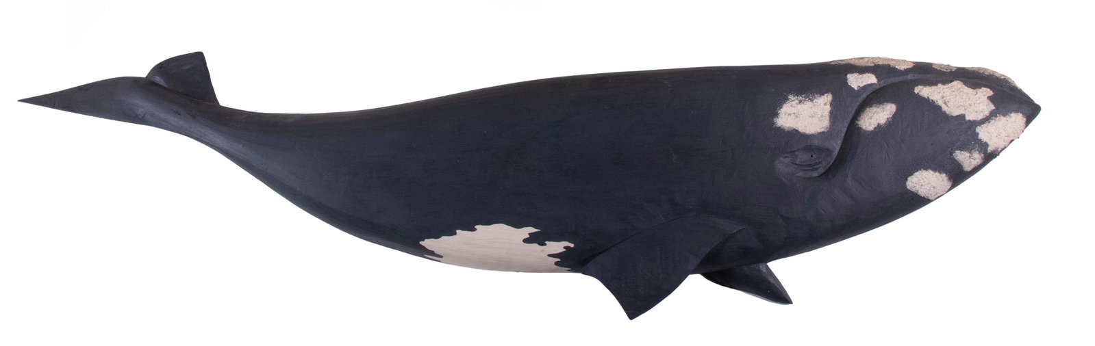 WOODEN WHALE PLAQUE BY SLIMAK & KERN: Right Whale, in carved and painted spruce, signed "F. J. J. Slimak & R. Kern" (Chip Slimak & Rose Kern) and dated 1986, with glass eye, 10 1/4" high, 45" wide.