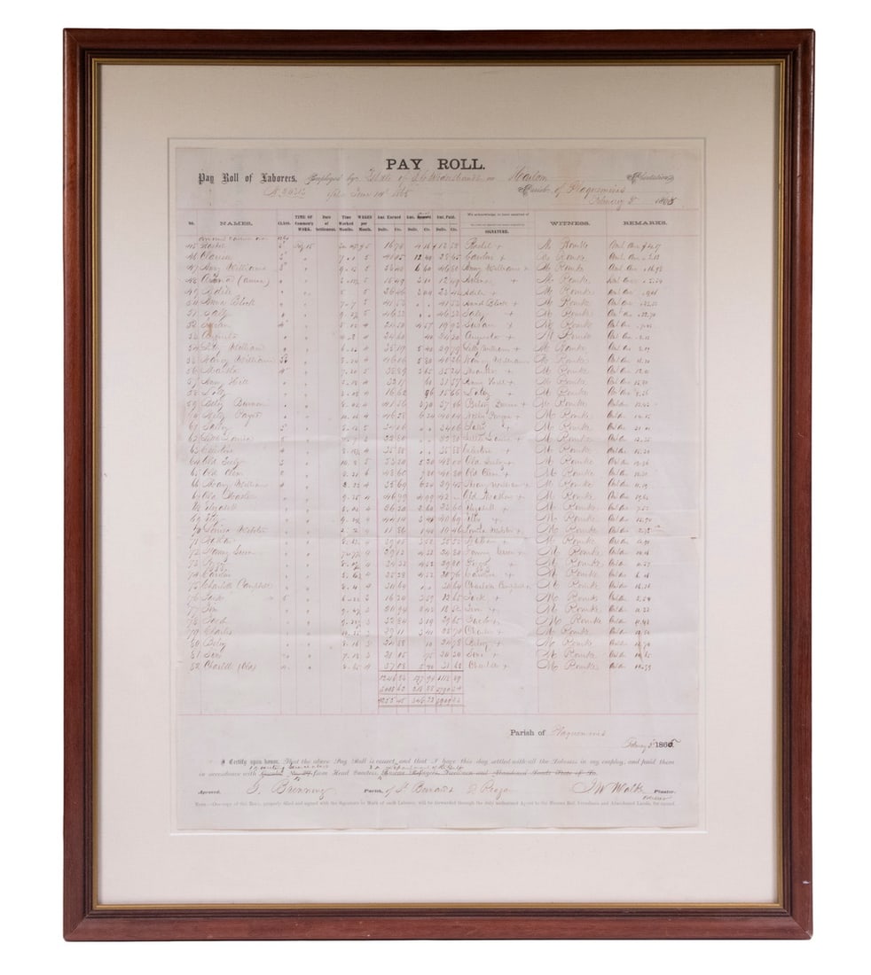 US ARMY RECONSTRUCTION EX-SLAVE PAY ROLL, HARLEM PLANTATION, PLAQUEMANS, LA, JUNE 1865 (1 of 4)