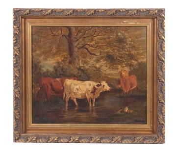 WILLIAM HART (NY/UK/SCOTLAND, 1823-1894): Pastoral Scene with Cows Watering under a Tree, oil on canvas, signed lower right, Windsor and Newton London stencil verso, in replica gilt gesso cove frame, OS: 15 1/2" x 17 1/2", SS: 11 1/2" x 13 1/