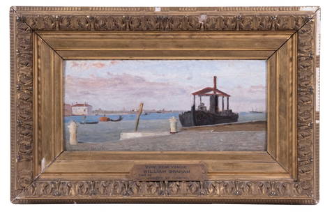 WILLIAM G. GRAHAM (NY, 1832-1911): 'View Near Venice', oil on cradled panel, signed lower left and dated 1884, with tag having title and credit, 'Lent by Joseph De Camp'; depicting an early steam 'Vaporetto' at the mainland dock, the g