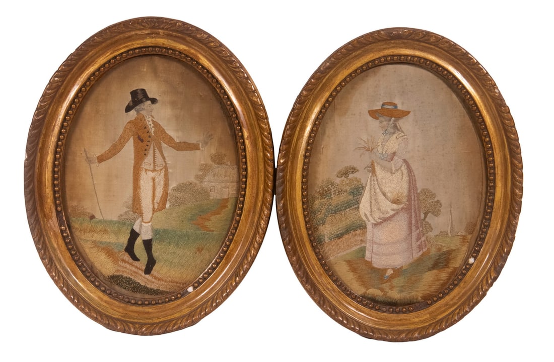 PAIR OF GEORGIAN SILKWORK PORTRAITS OF COUNTRY COUPLE (1 of 4)