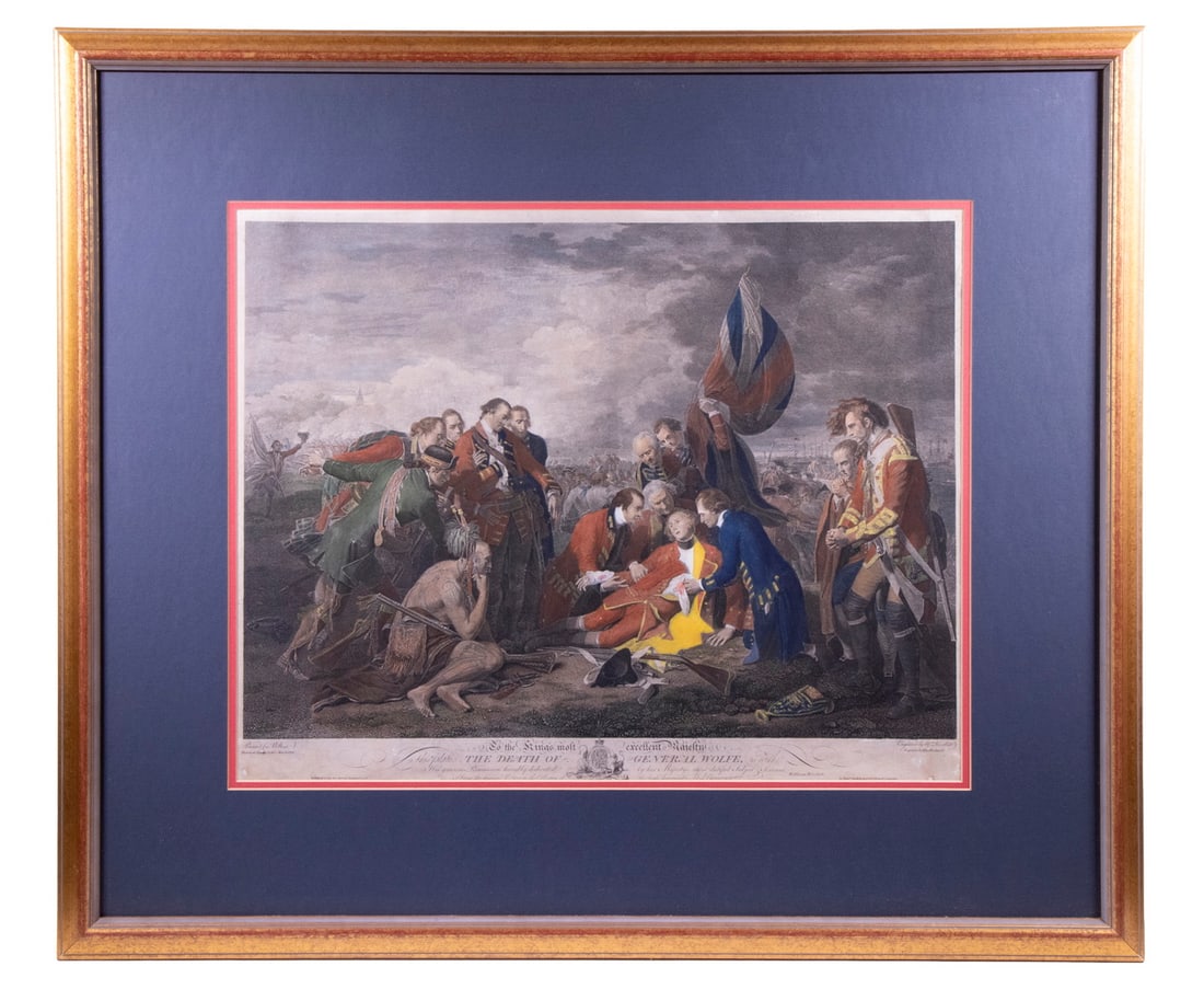 WILLIAM WOOLLETT (1735-1785) AFTER BENJAMIN WEST (1738-1820): The Death of General Wolfe, first edition commemorative print, hand colored copperplate engraving on wove paper, 1770. This was one of the first historical scenes to be depicted in realistic contempor