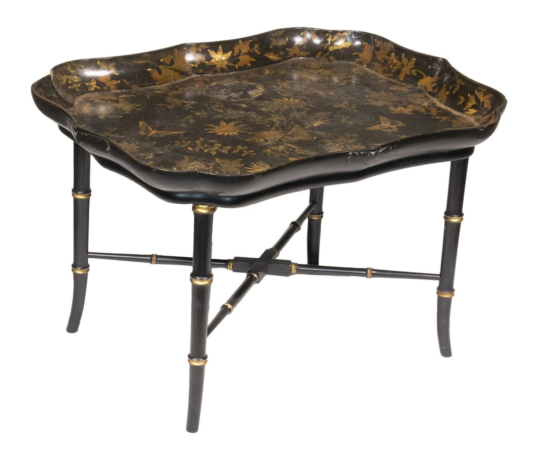 EARLY 19TH C. CHINOISERIE LACQUERED TRAY ON CUSTOM LATER LOW STAND (1 of 3)