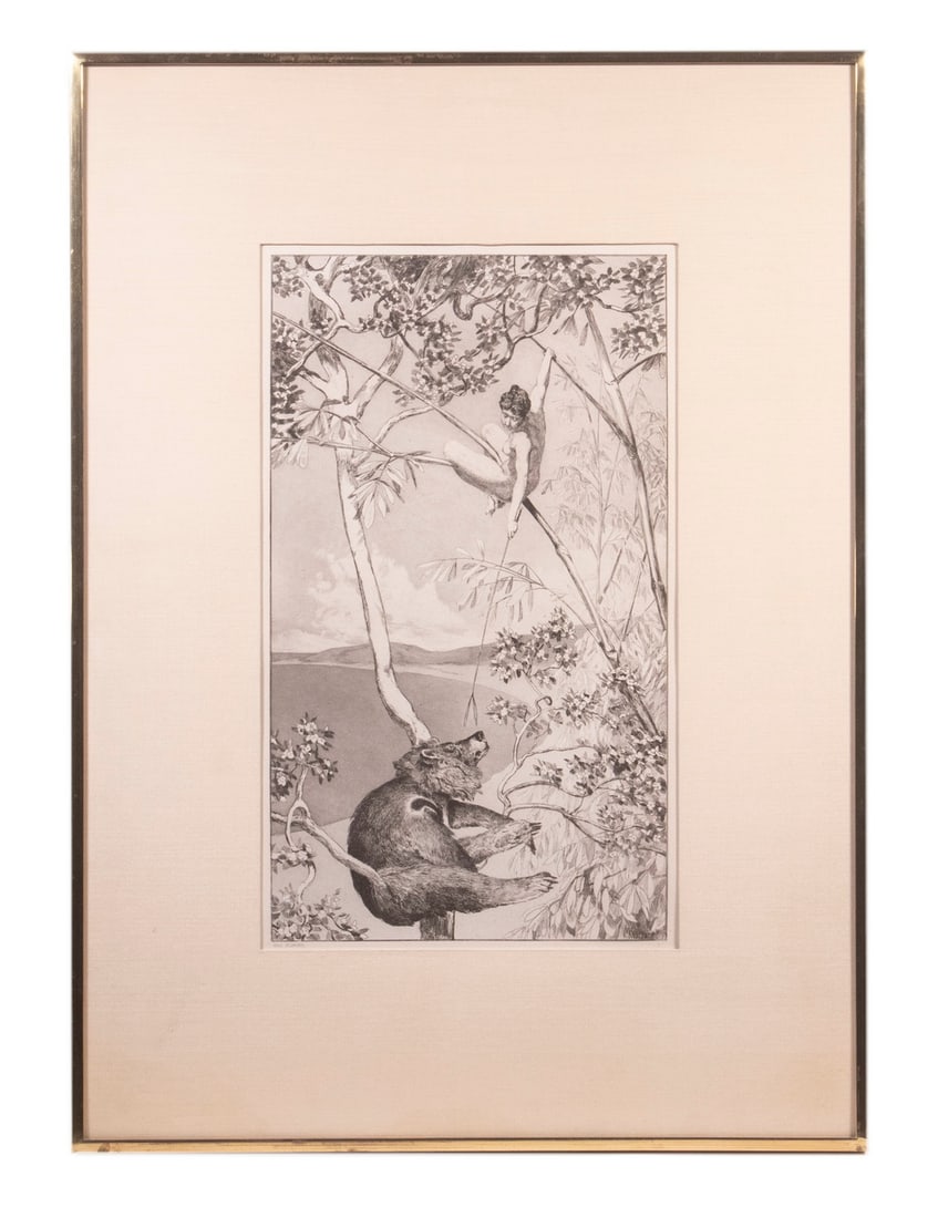 MAX KLINGER (GERMANY, 1857-1920): Bar und Elf, depicting a stand-off up in the trees, etching with aquatint on wove paper, 2nd state (Ref. Singer 52II), signed lower right in plate and dated 1880, in gold casement frame, under linen m