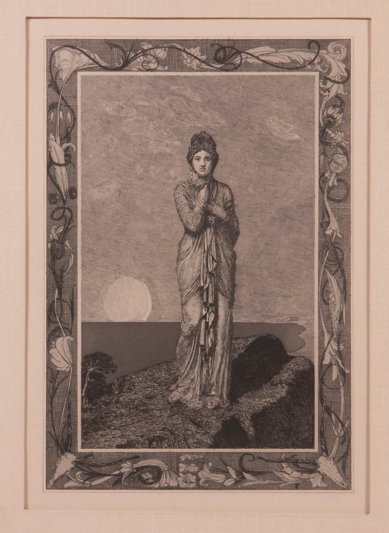 MAX KLINGER (GERMANY, 1857-1920): Psyche auf dem Felsen ("Psyche on the Cliff"), Plate 3 from the portfolio "Amor und Psyche" ("Cupid and Psyche"), Opus Va. 1880, etching and aquatint on paper, unsigned.. In gold casement frame, matte