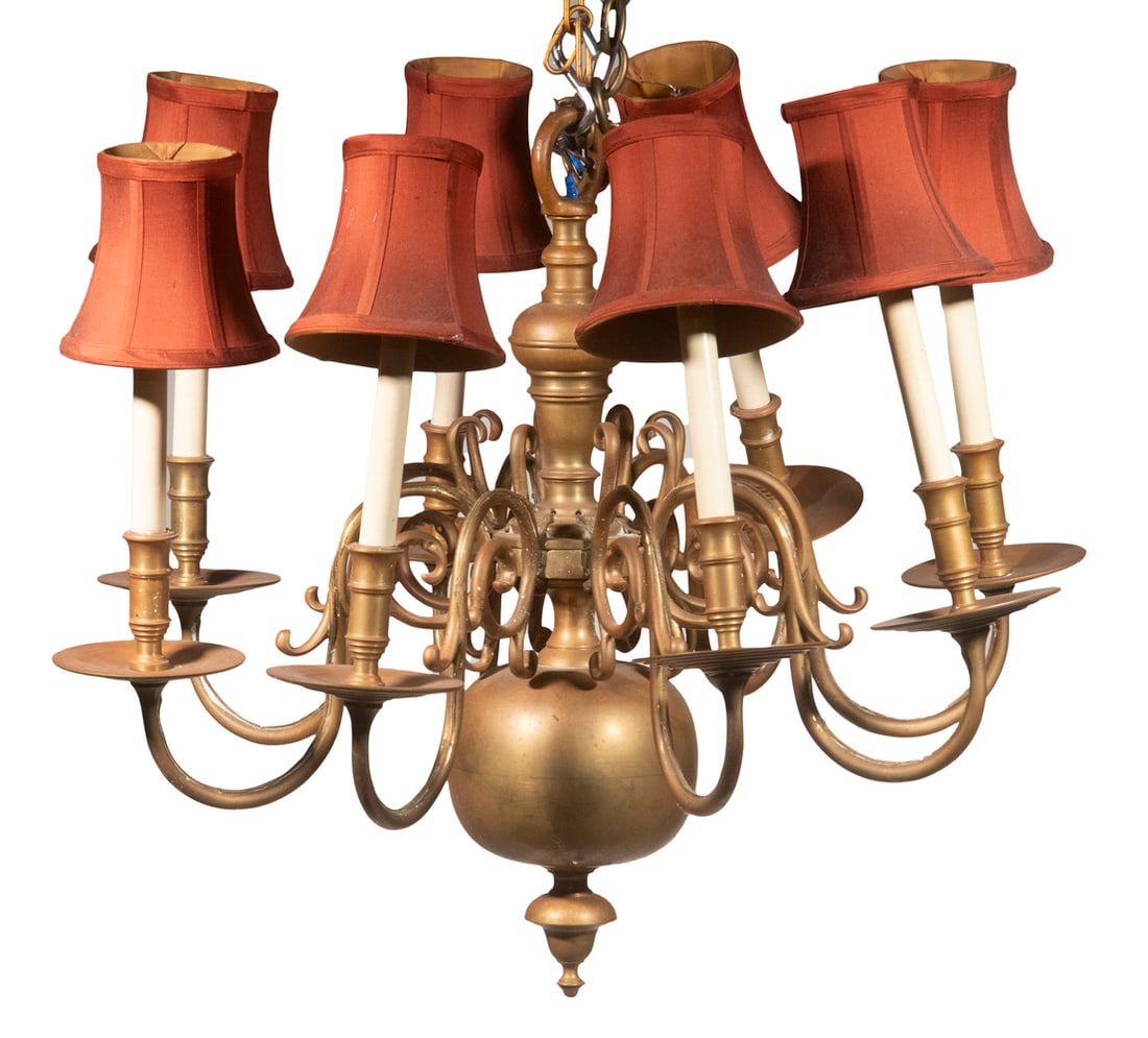 19TH C. DUTCH 8-ARM SOLID BRASS CHANDELIER: Electrified, with wine cloth shades, 25" x 28" diam.Selected items from the lifelong collection of Thomas J Watson, Jr. and his daughter Olive F Watson