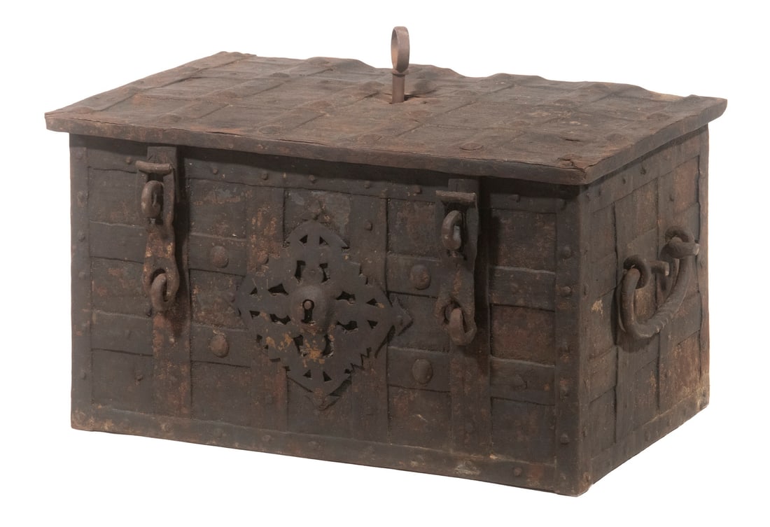 18TH C. IRONBOUND TREASURE CHEST WITH KEY (1 of 12)