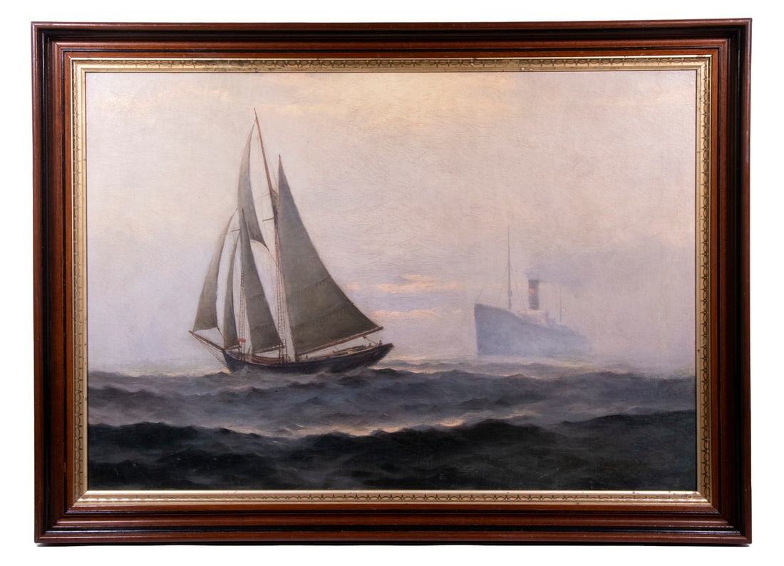 ESKIL ROSSING (EARLY 20TH C. SWEDEN/MASS.): Ocean Liner Emerging from Fog, with a schooner passing in foreground, oil on canvas. signed lower right, unframed, 20" x 29", craquelure, losses on right.