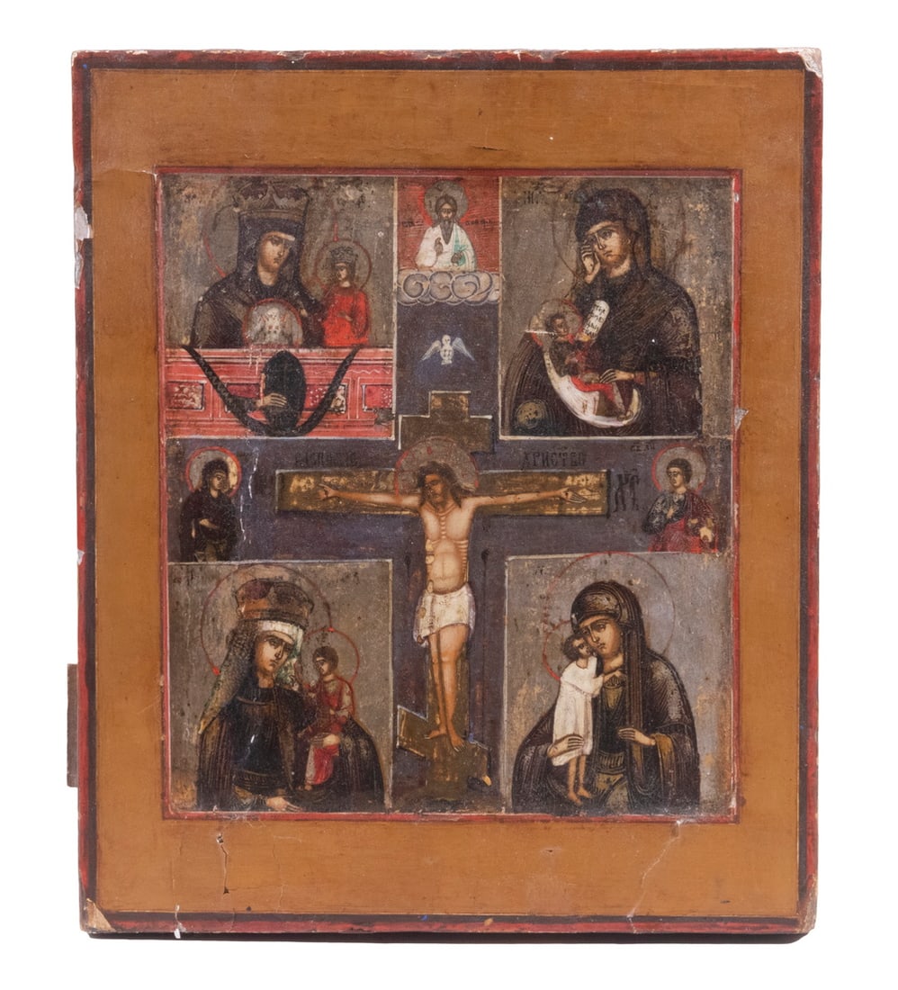 18TH C. RUSSIAN ICON: Orthodox Icon, Kyiv School, oil on recessed panel, depicting a Quartet of Holy Mothers around the Orthodox Corpus Christi which has Holy Father and Dove above, Mary and Joseph flanking, Cyrillic inscr