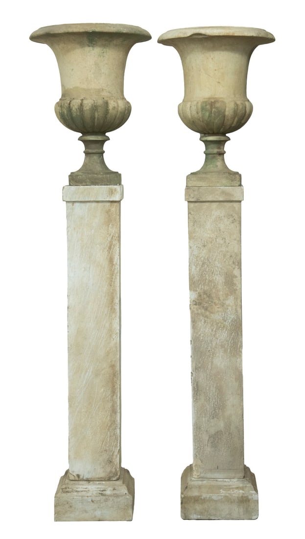 PR 19TH C. CARVED MARBLE GARDEN URNS ON PEDESTALS (1 of 5)