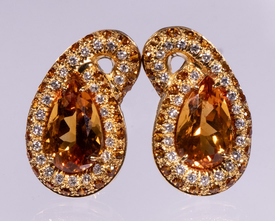 PR OF VINTAGE 18K GOLD PAISLEY FORM EARRINGS: Set with Diamonds and Amber colored Sapphires. Omega backs. 5/8" high x 1" wide.