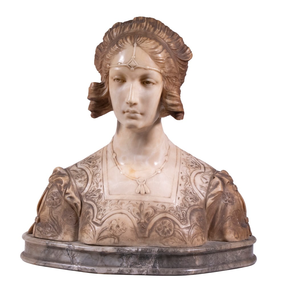 MARBLE BUST OF A WOMAN: Victorian Renaissance Revival of a Young Woman in formal dress, life sized, white marble with patination on grey marble base, roughly 21" x 20" x 10".