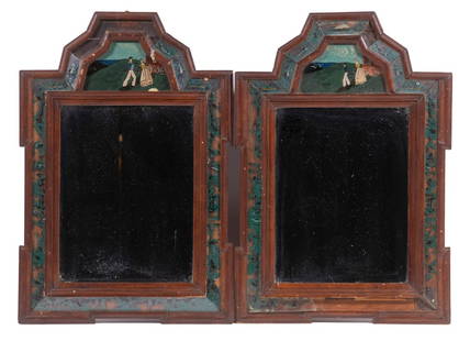 PAIR OF WALLACE NUTTING COURTING MIRRORS: William & Mary style, with mahogany framed eglomise panels (portion of one missing), crested top, label verso from Nutting shop, 13" x 9".