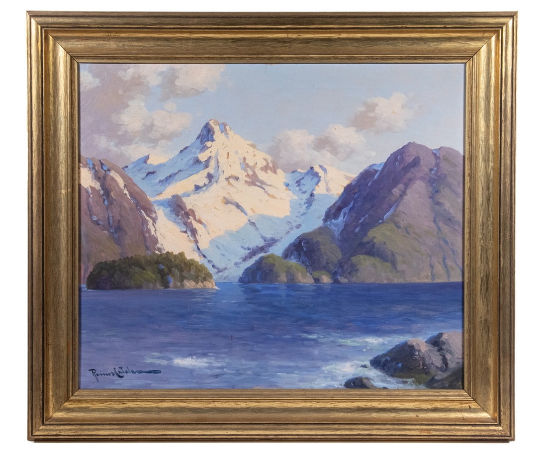 BENITO RAMOS CATALAN (CA/CHILE, 1888 - 1961): Canal Sarmiento Estrecho de Magallanes (Patagonia, Chile), oil on canvas, signed lower left, titled verso, in hand carved gilt cove frame, OS: 25" x 28 3/4", SS: 19" x 22 3/4", fine condition.