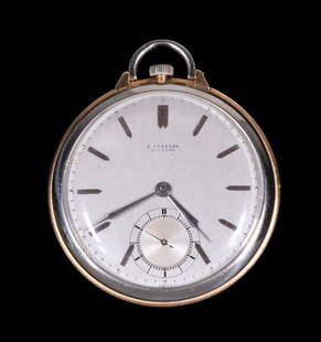 ART DECO GENT'S POCKETWATCH: 14K Gold, Open Face 2 Color Gold E. Gubelin watch with an NAR monogram. 1 3/4" diameter.