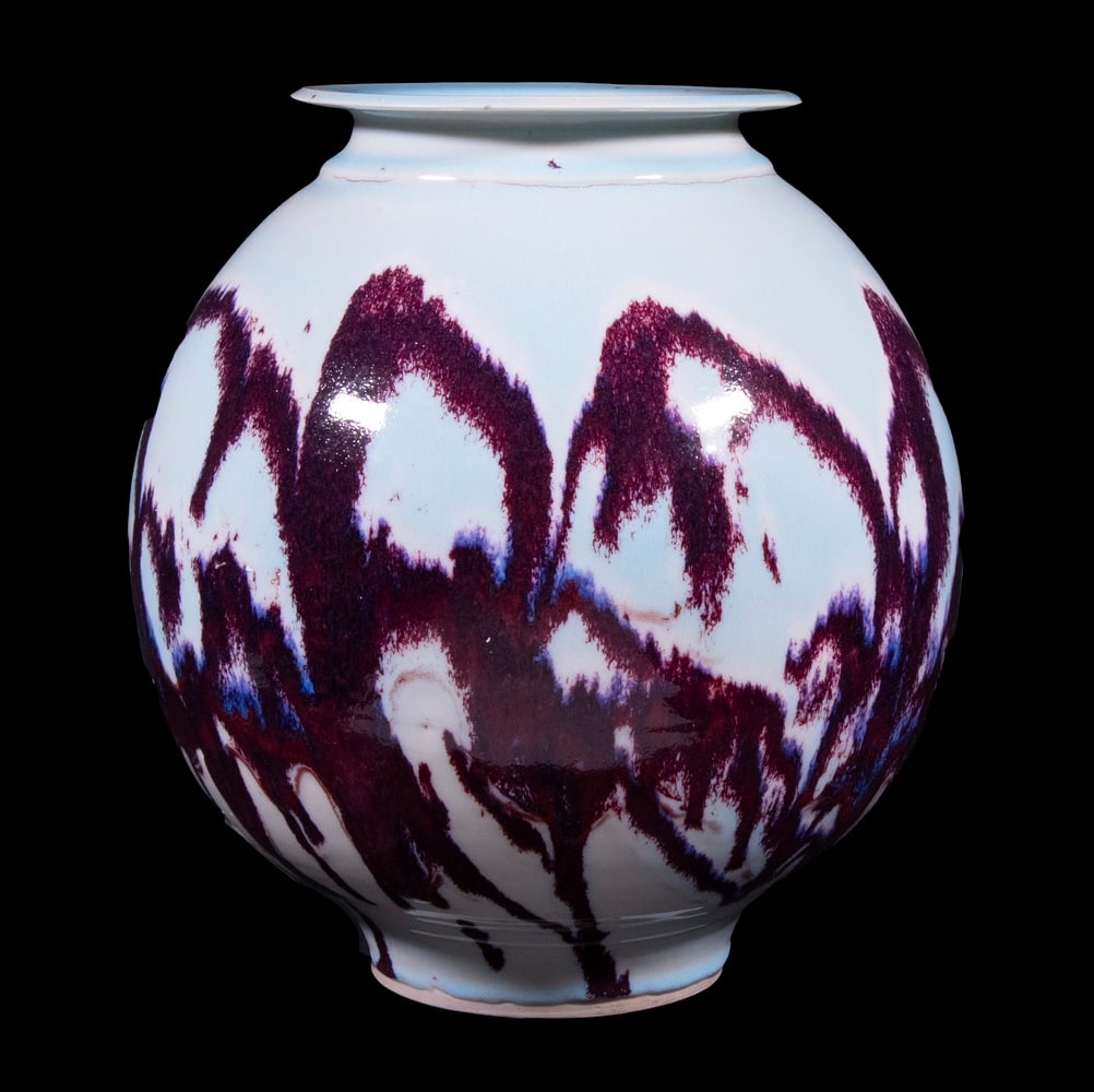 BROTHER THOMAS BEZANSON (CANADA/VT, 1929-2007): Large Ovoid Porcelain Vase, in copper-red over celadon blue glaze, ca. 1970s, signed on base with artist's cipher and "Benedictine Monks", Weston, Vermont", crafted while Brother Thomas was a member o